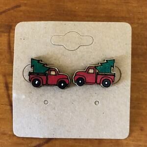 Red Truck Christmas Tree Stud Earrings - Hand Painted Wood, Hypoallergenic